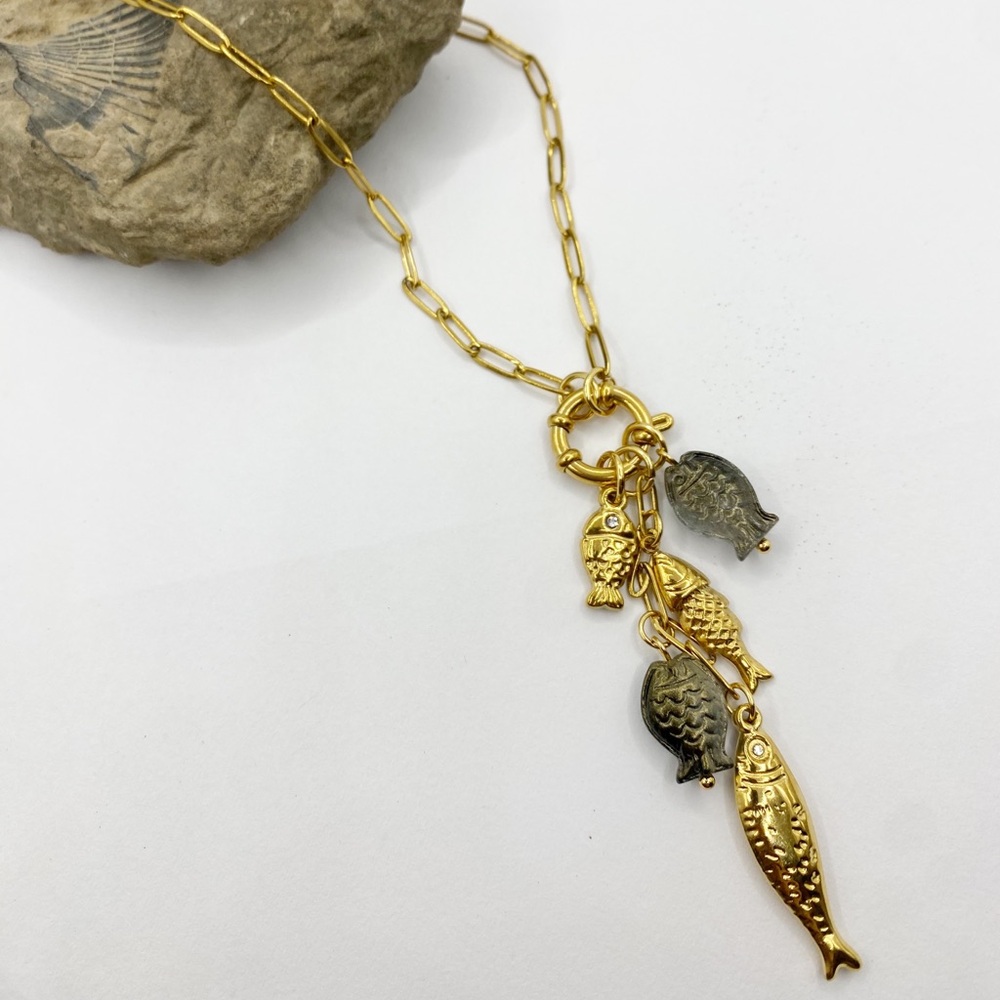 NEW Gold Fish Cluster Paperclip Chain Necklace
